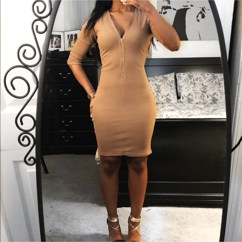 Midi Camel/ Tan Zipper Body-con Dress